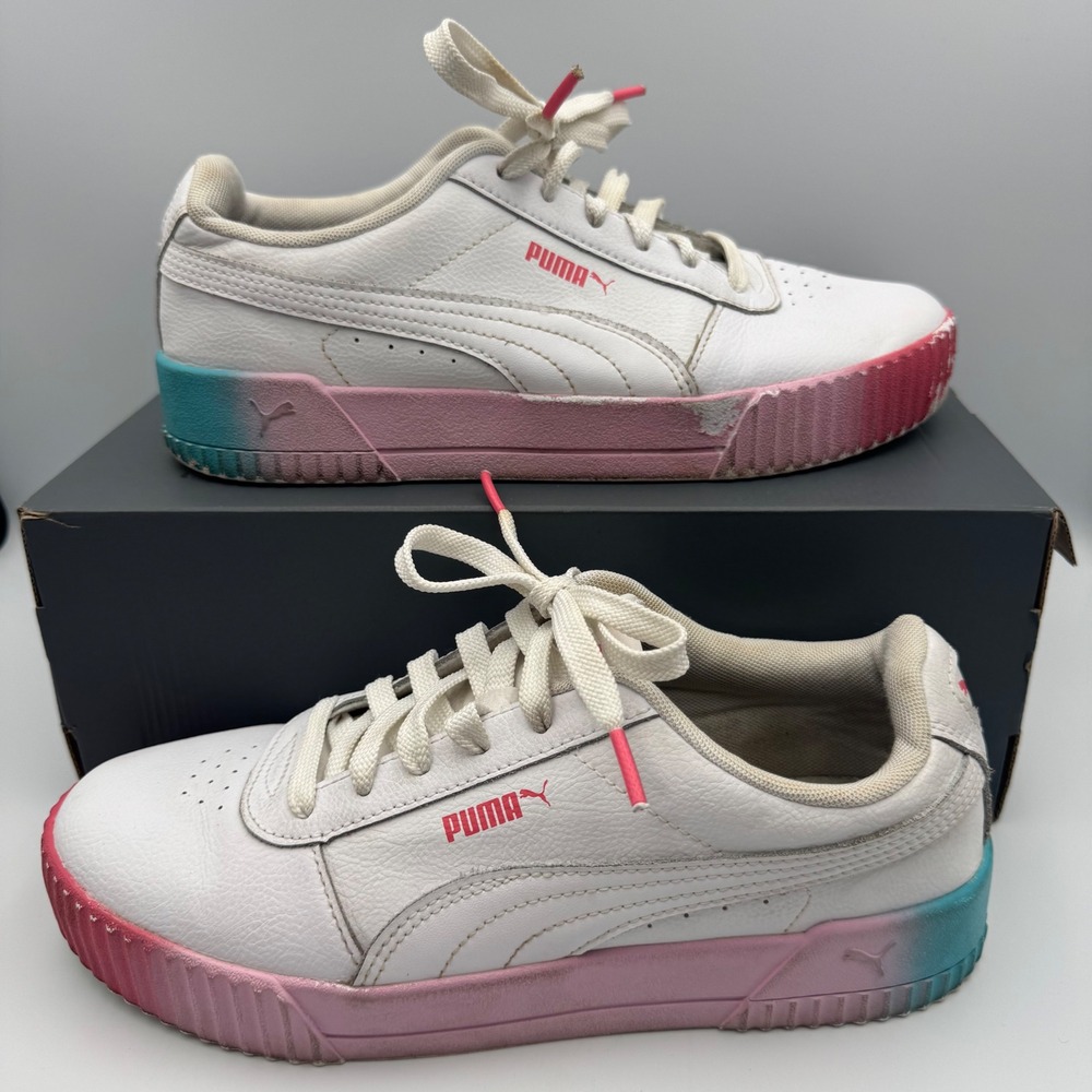 Puma Carina Ombre White Pink Teal Leather Platform Sneakers 381330-01 Womens 10